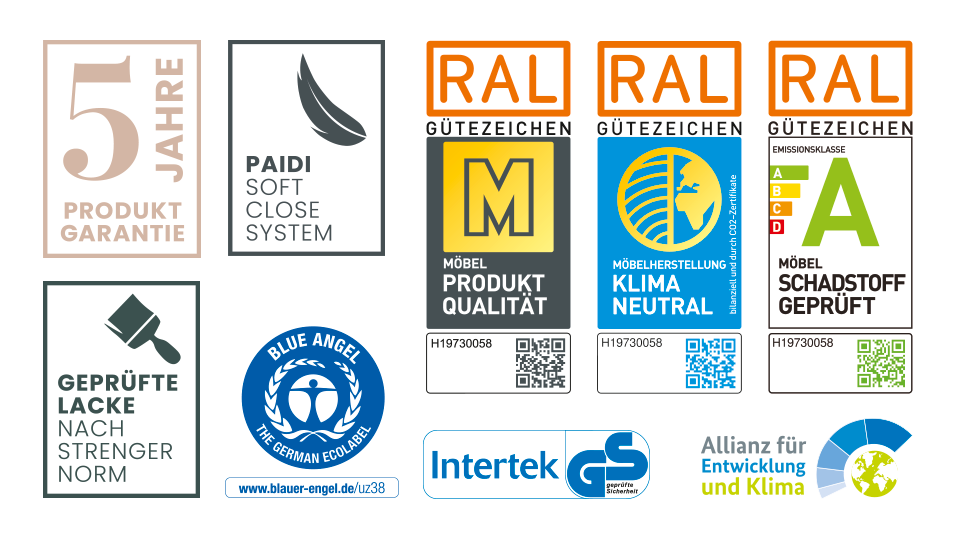 A collection of certification and quality assurance logos for furniture products.