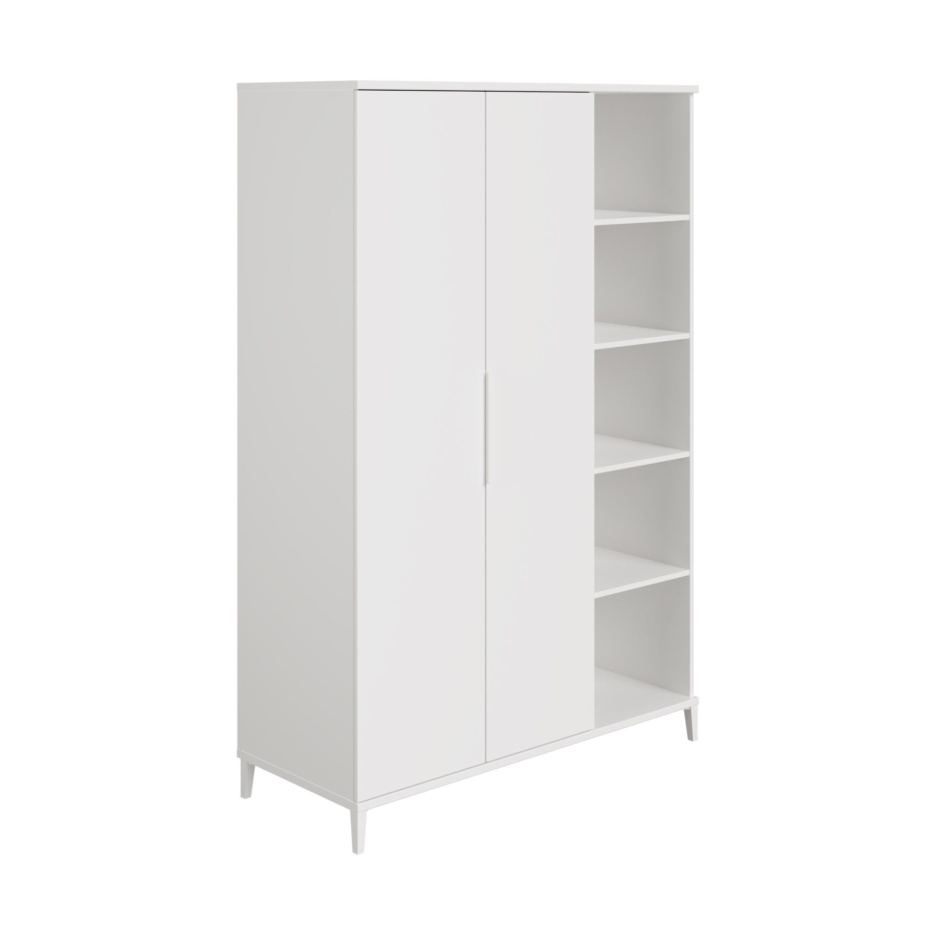 Weißer Kleiderschrank mit zwei Türen und fünf offenen Seitenfächern auf der rechten Seite.