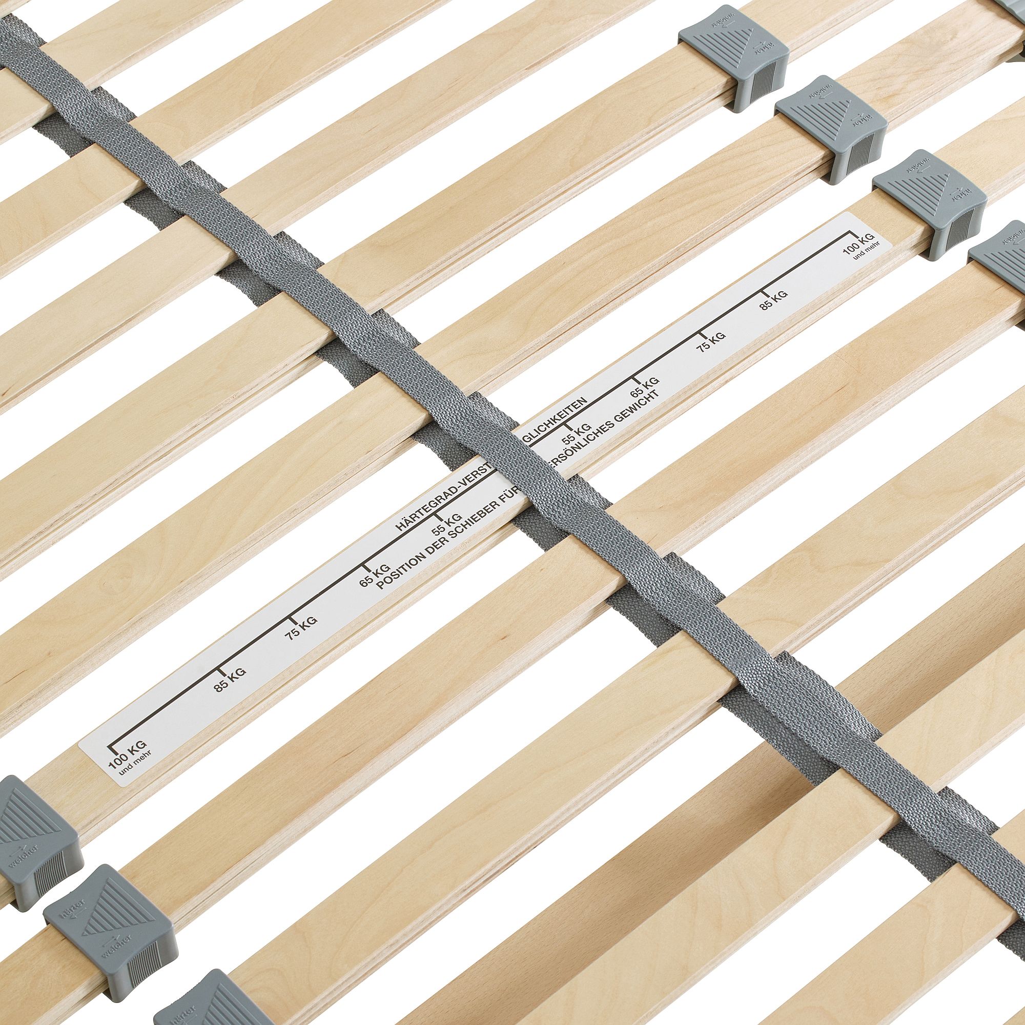 Wooden bed slats with adjustable tension sliders and a fabric strap.