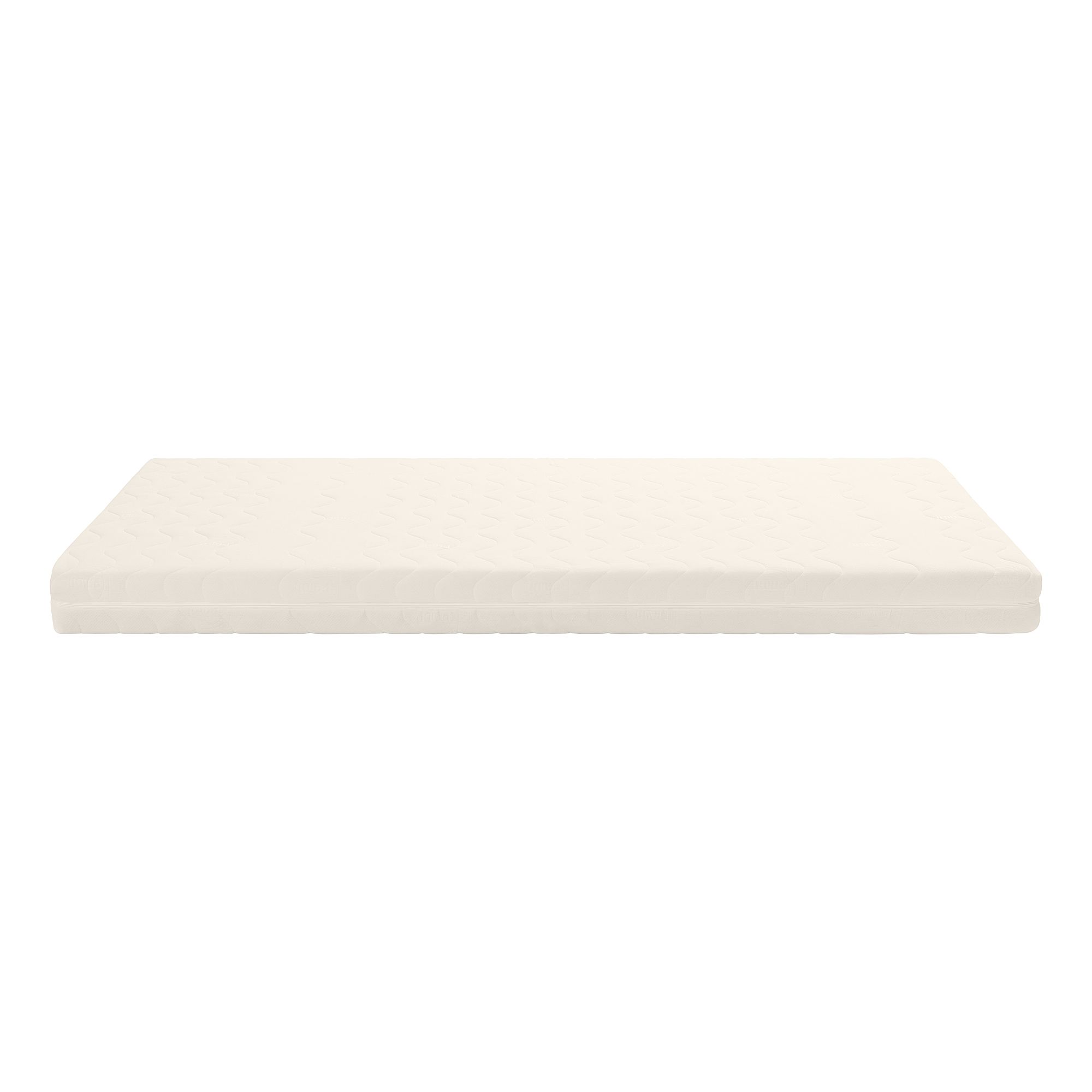 A plain, rectangular white mattress on a white background.