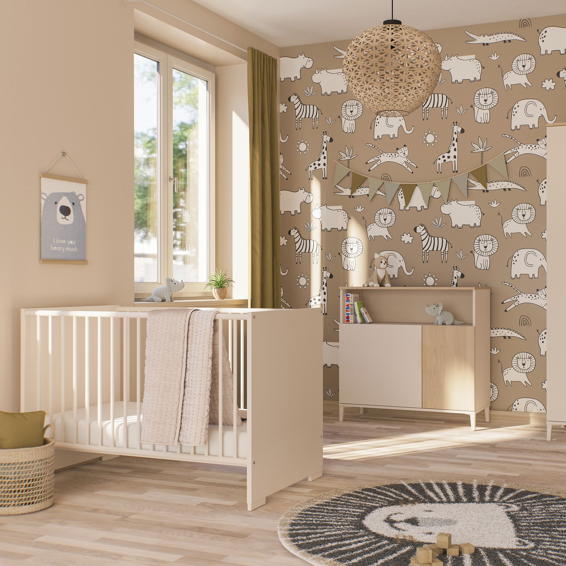 Neutral-toned nursery with animal wallpaper, crib, and dresser by a sunny window.