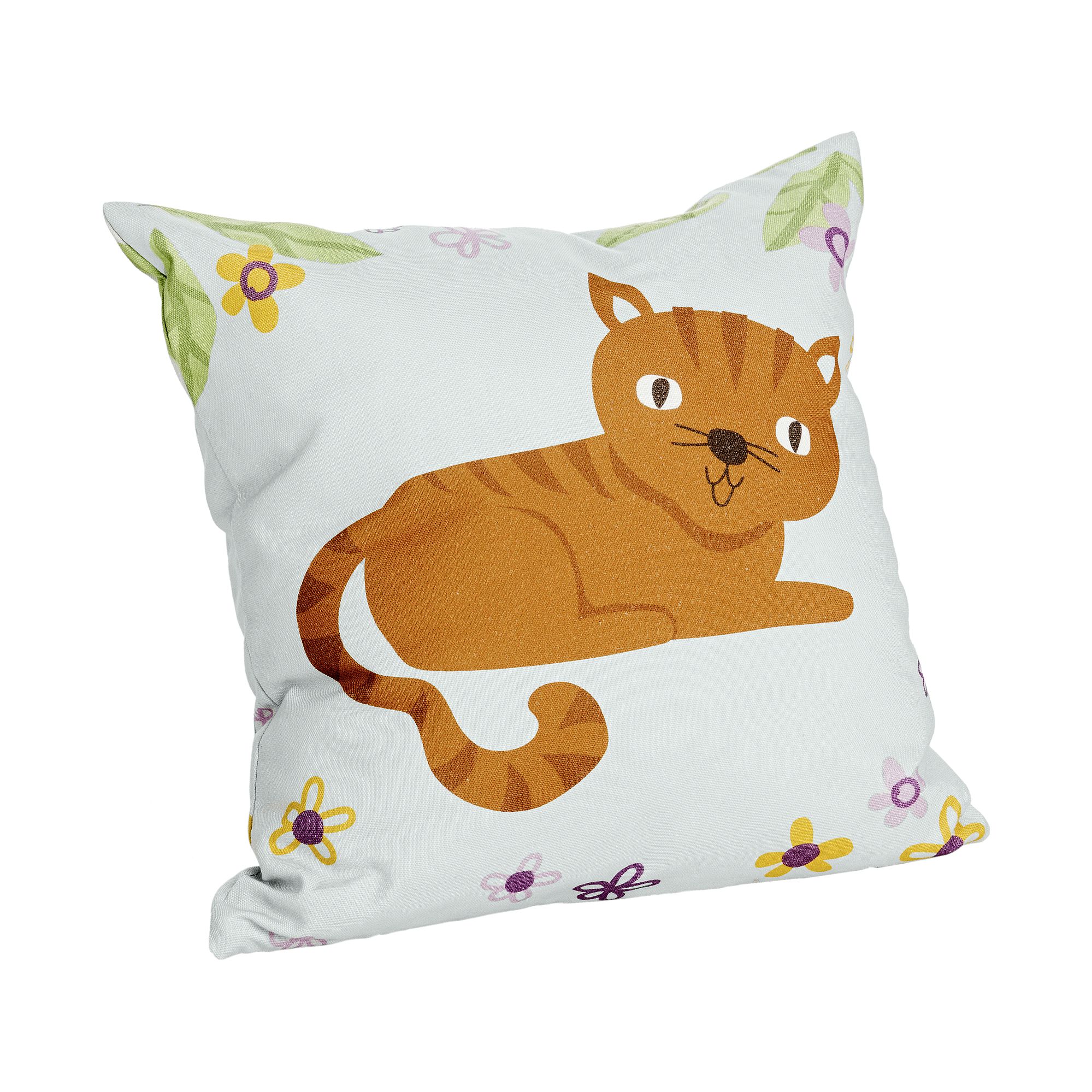 Partykissen Baumwolle, Motiv "Petersilienweg 8", 40 x 40 cm, Katze Minzie White pillow with a cartoon orange cat and colorful flowers printed on it.