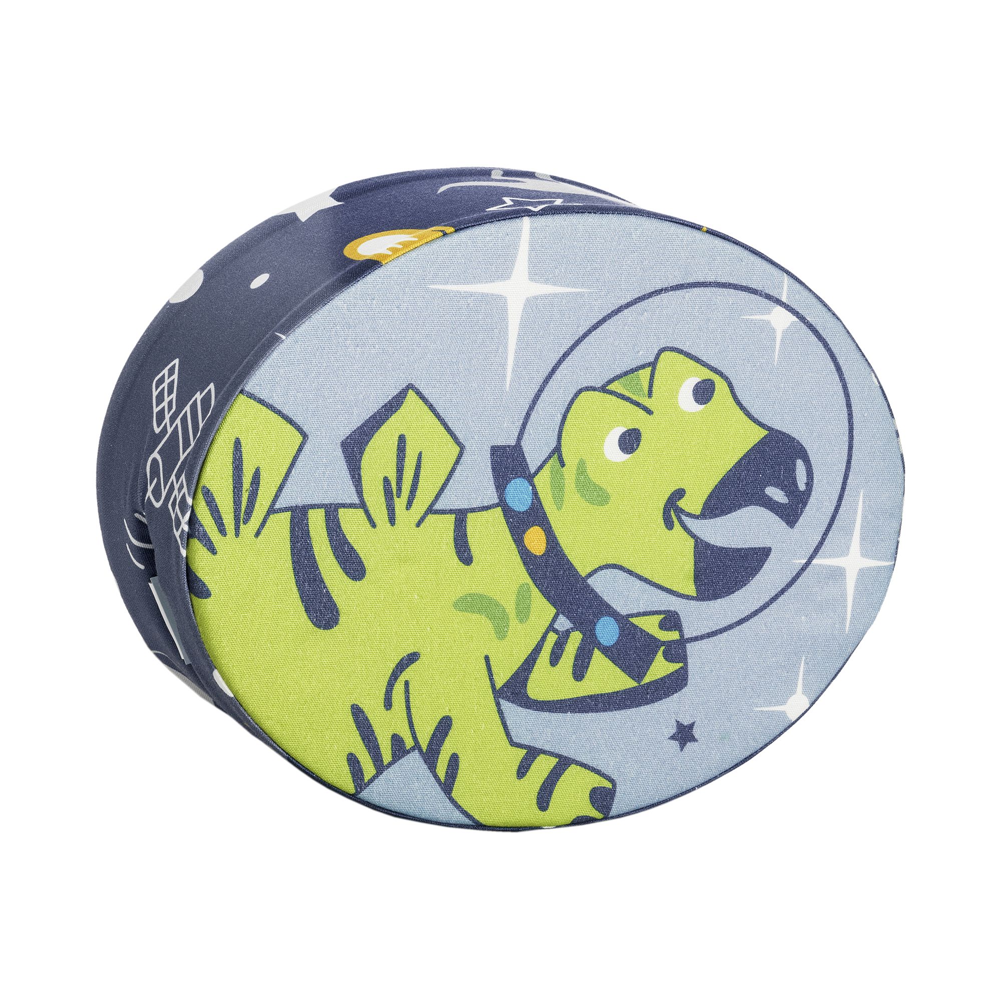 Steckkissen Baumwolle, Motiv "Dinos im Weltall", 35 x 28 x 12 cm, Blauer Planet Oval pillow with a cartoon dinosaur in a space helmet and starry background.