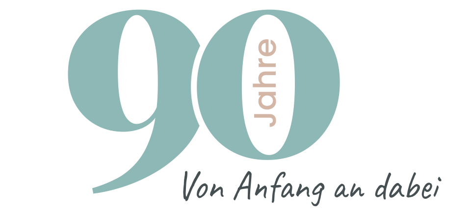 Large 90 Jahre text with Von Anfang an dabei below in German.