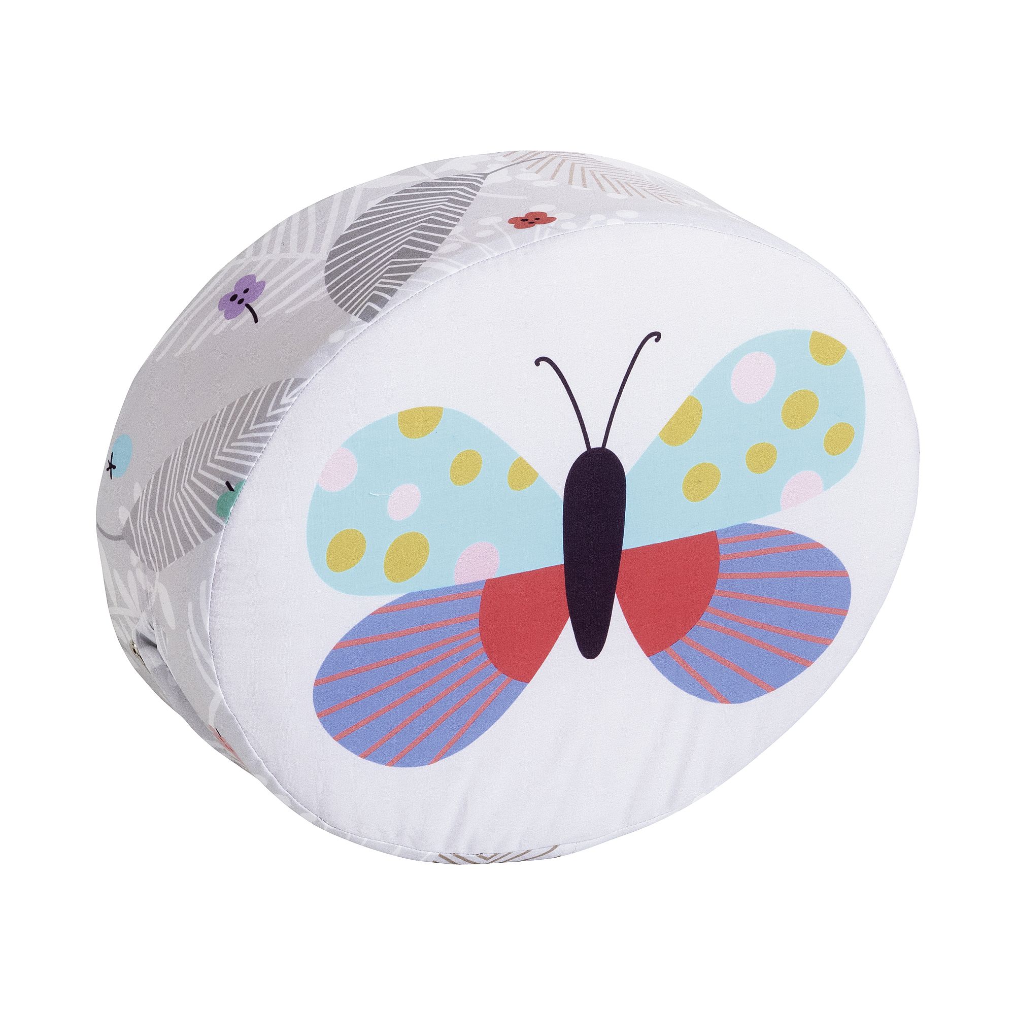 Steckkissen Baumwolle, Motiv "Afrika", 35 x 28 x 12 cm, Giraffe Round cushion with a colorful butterfly design on a white background.