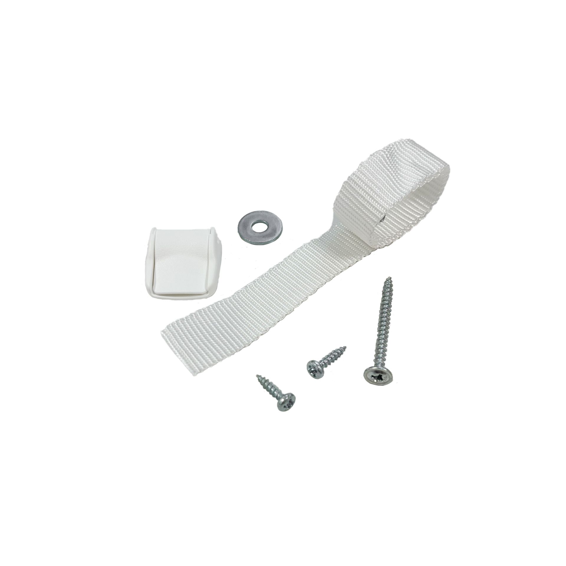 Weißes Stoffband, Kunststoffbügel, Unterlegscheibe und drei Schrauben auf weißem Hintergrund.