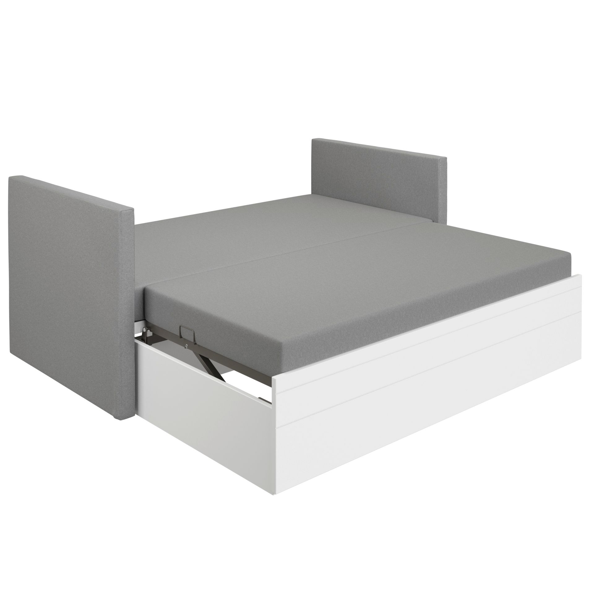 Graues und weißes Schlafsofa, ausgezogen, mit teilweise geöffneter Aufbewahrungsschublade.