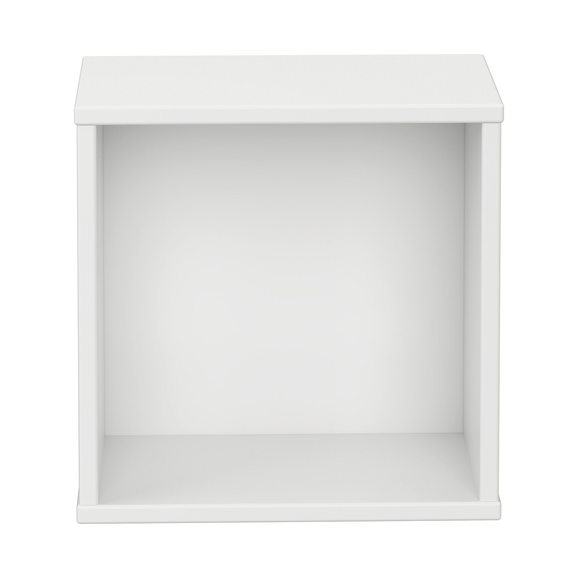 A plain, white, empty rectangular shelf viewed from the front.