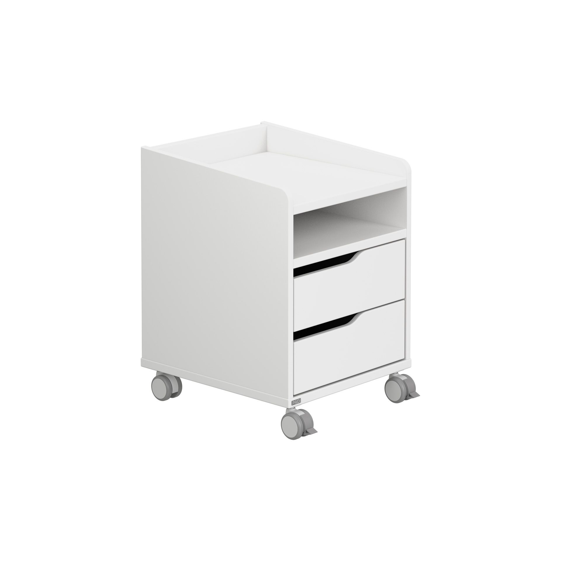 White rolling storage cart with two drawers and an open shelf on four wheels.
