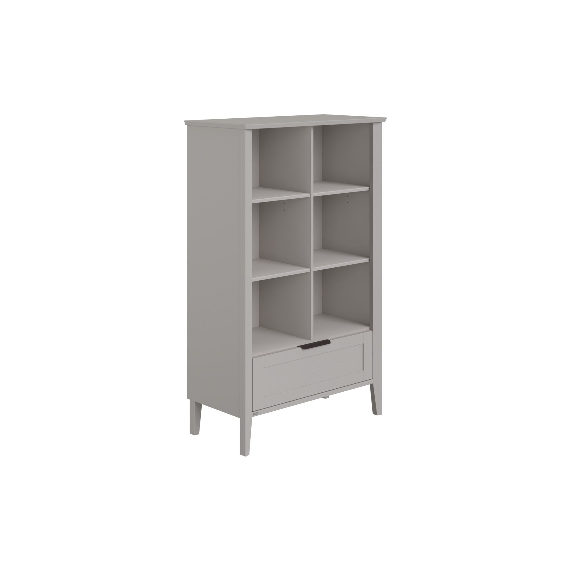Light gray bookshelf with six open shelves and a single drawer at the bottom.