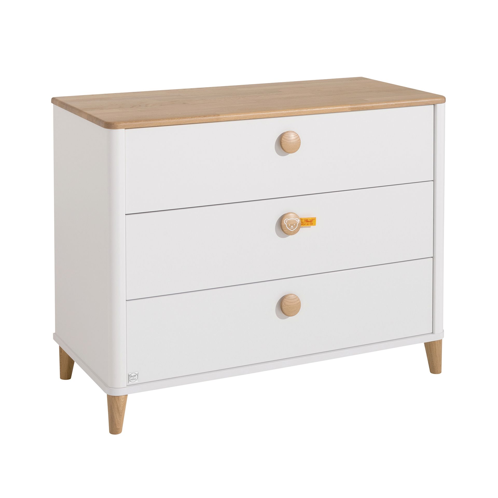 Wickelkommode Lotte & Fynn - Steiff by PAIDI 3 Schubladen White dresser with three drawers and wooden top and legs.