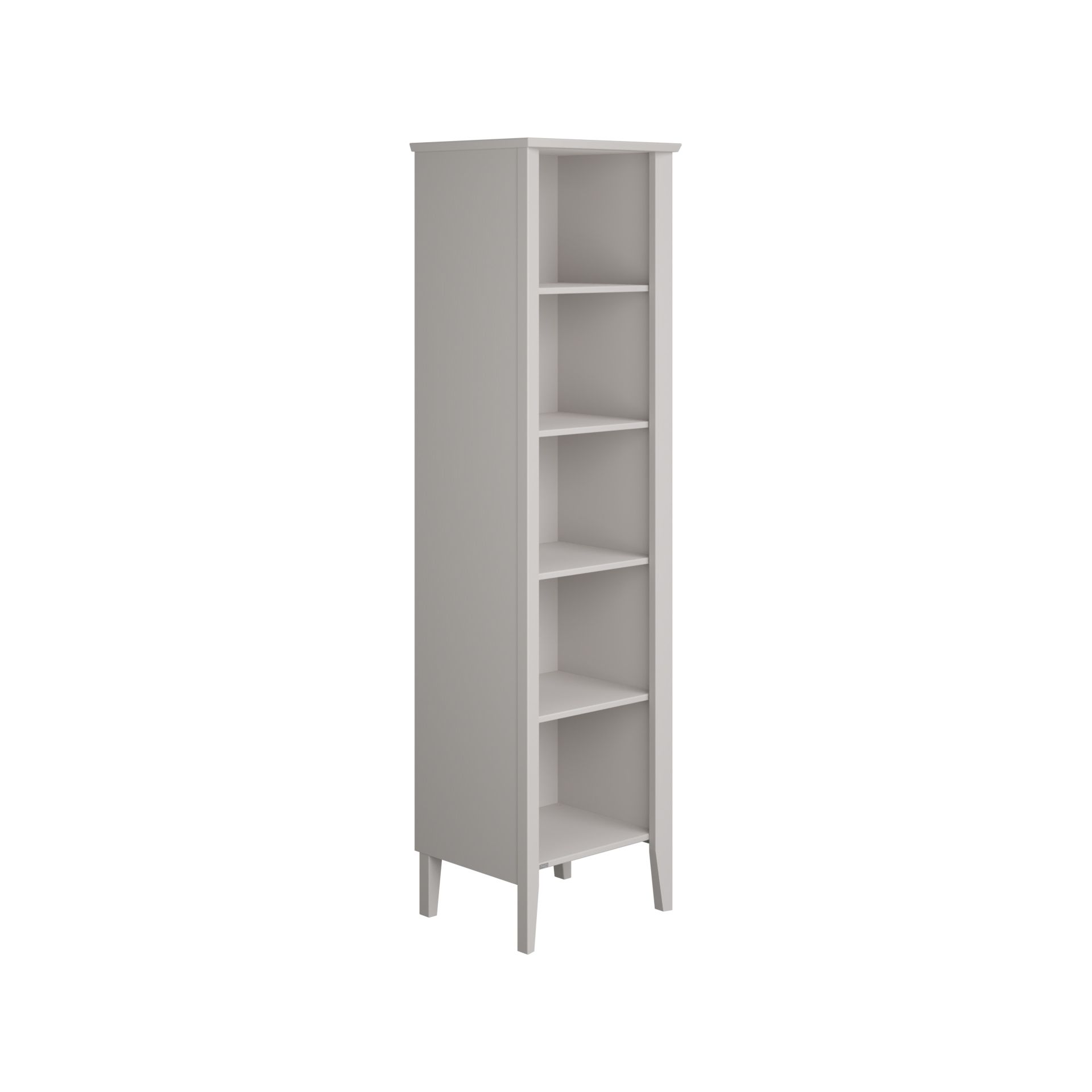 Tall white bookshelf with five shelves, standing on four legs, isolated on white.