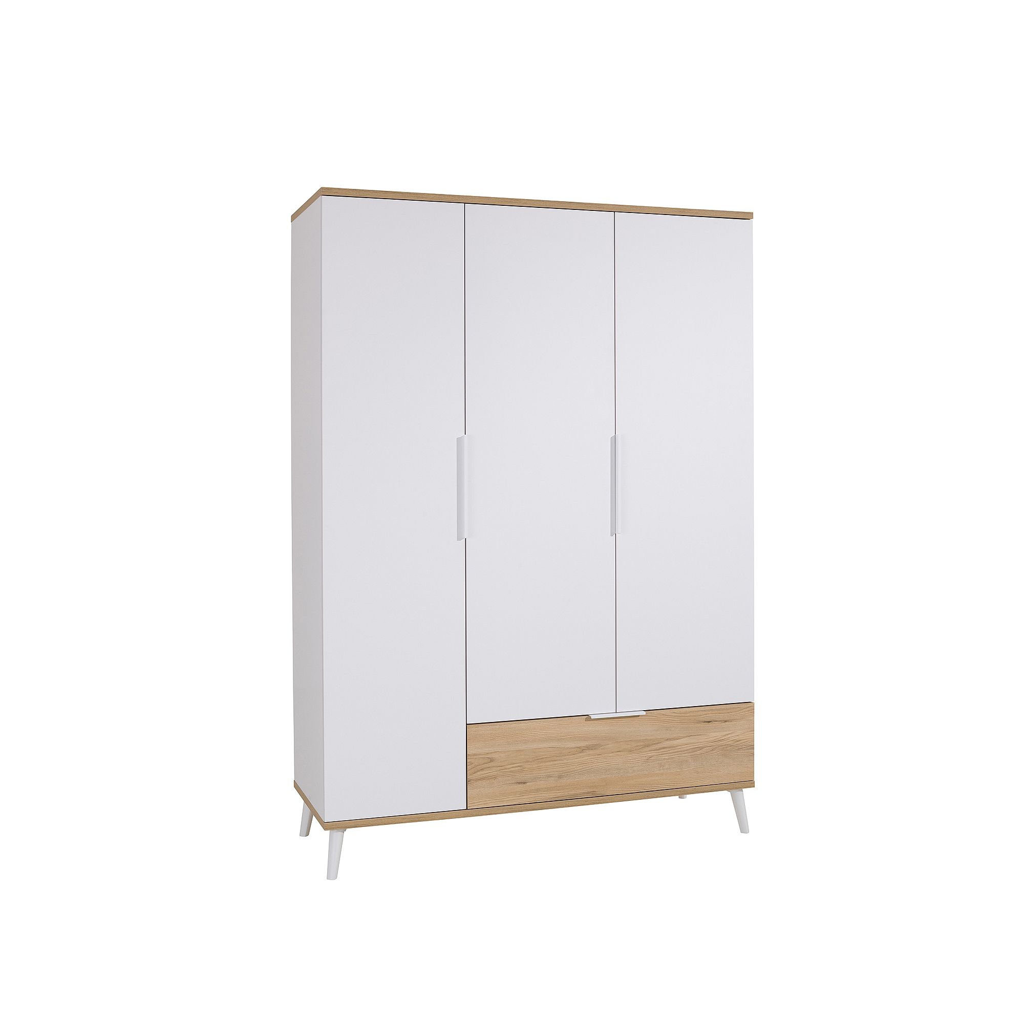 Weißer dreitüriger Kleiderschrank mit einer Holzschublade am Boden, auf schrägen Beinen.