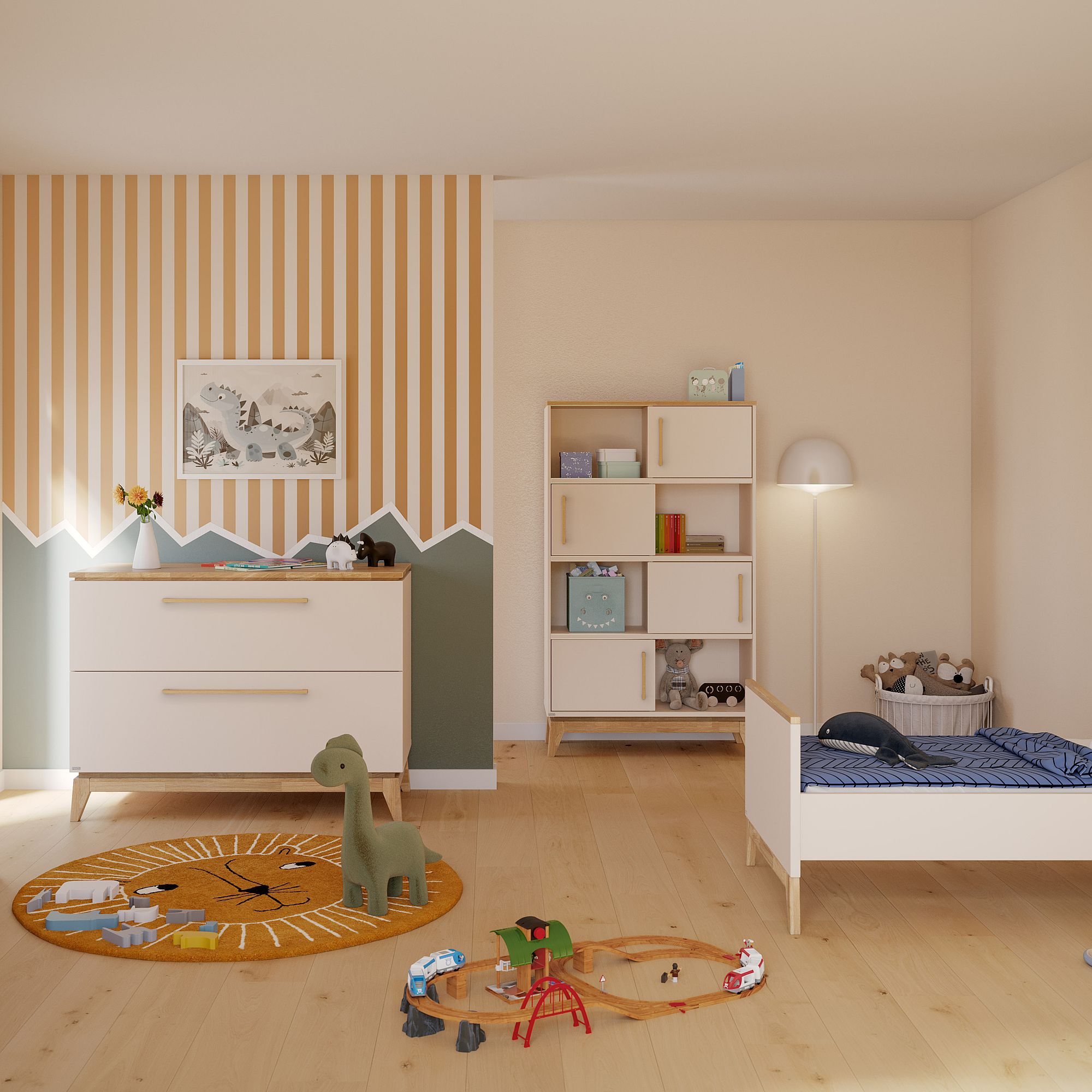 Ein aufgeräumtes, modernes Kinderzimmer mit Spielzeug, einem kleinen Bett und gestreifter Wanddekoration.