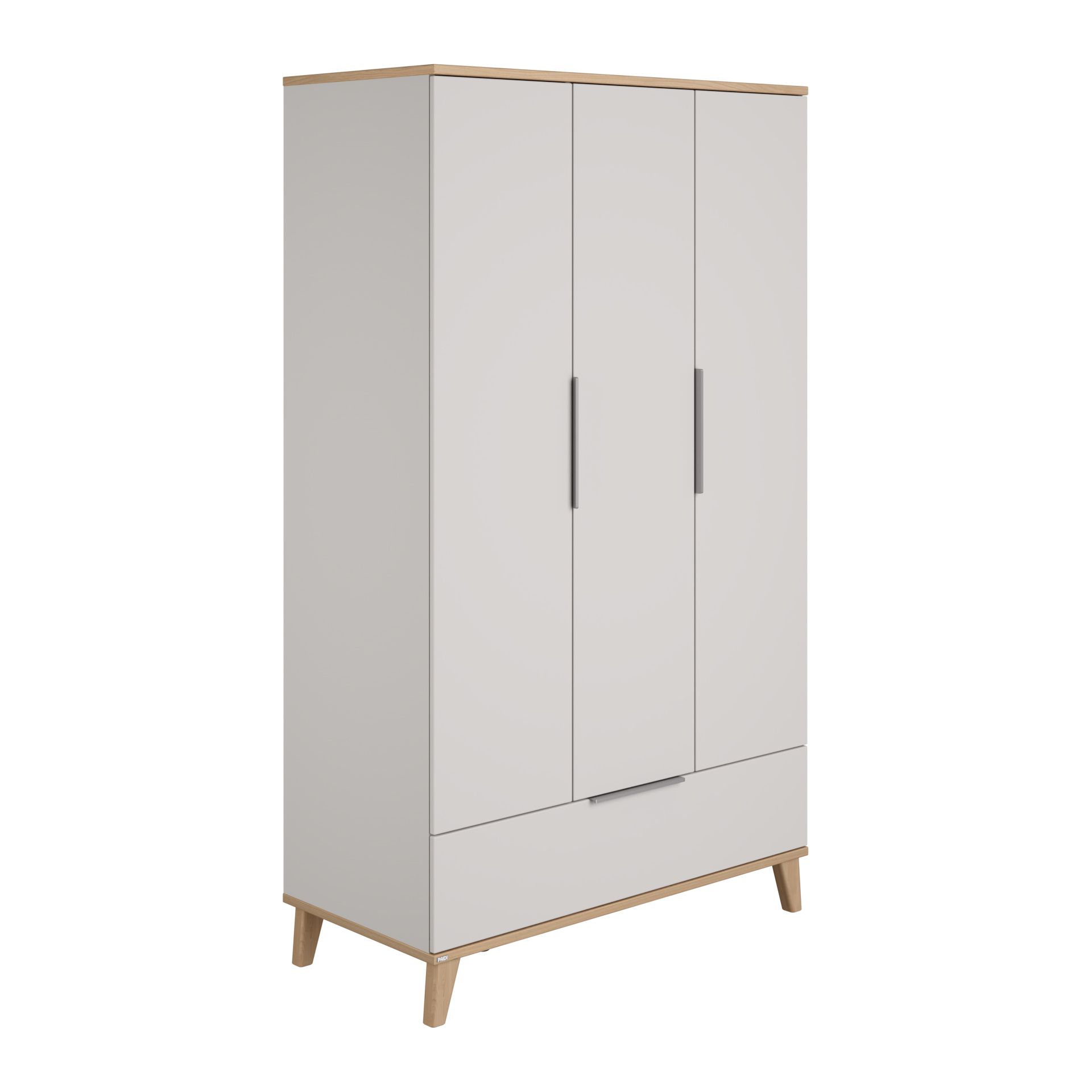 White and wood wardrobe with three doors and a bottom drawer on angled legs.