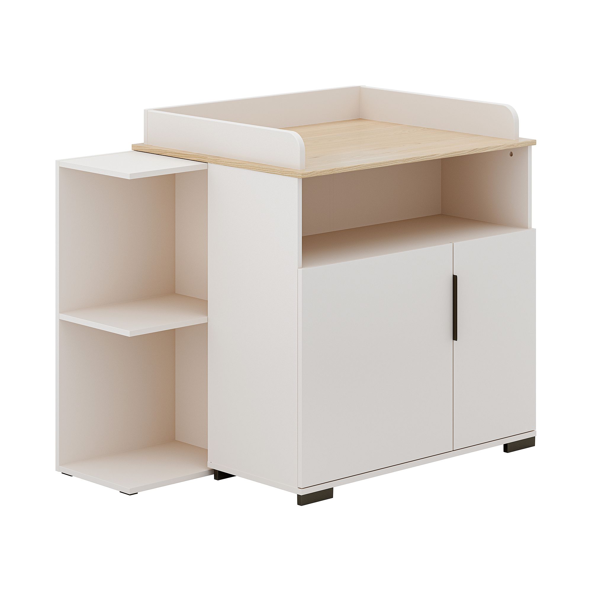 White changing table with wood top, open shelves, and two cabinet doors.