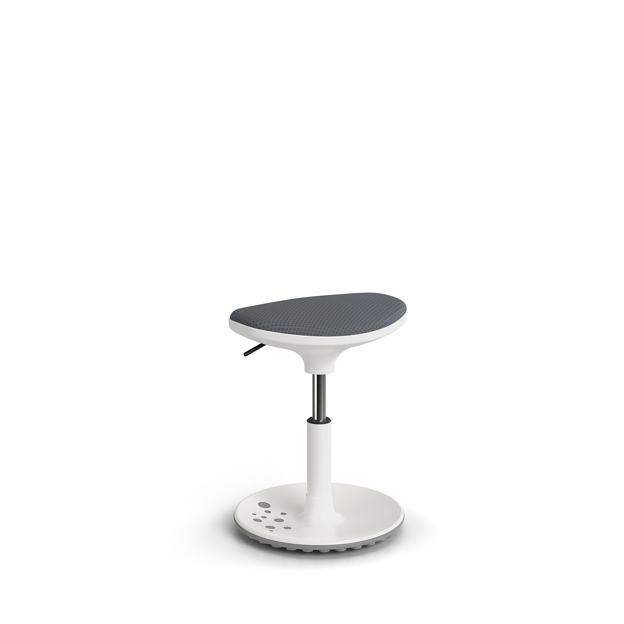 Moderner weiß-grauer verstellbarer Hocker mit rundem Fuß und strukturiertem Sitz.
