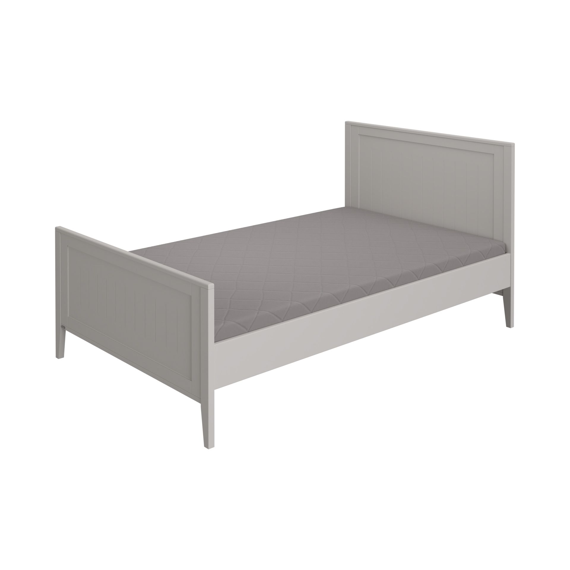 Gray wooden bed frame with a gray mattress, shown on a white background.