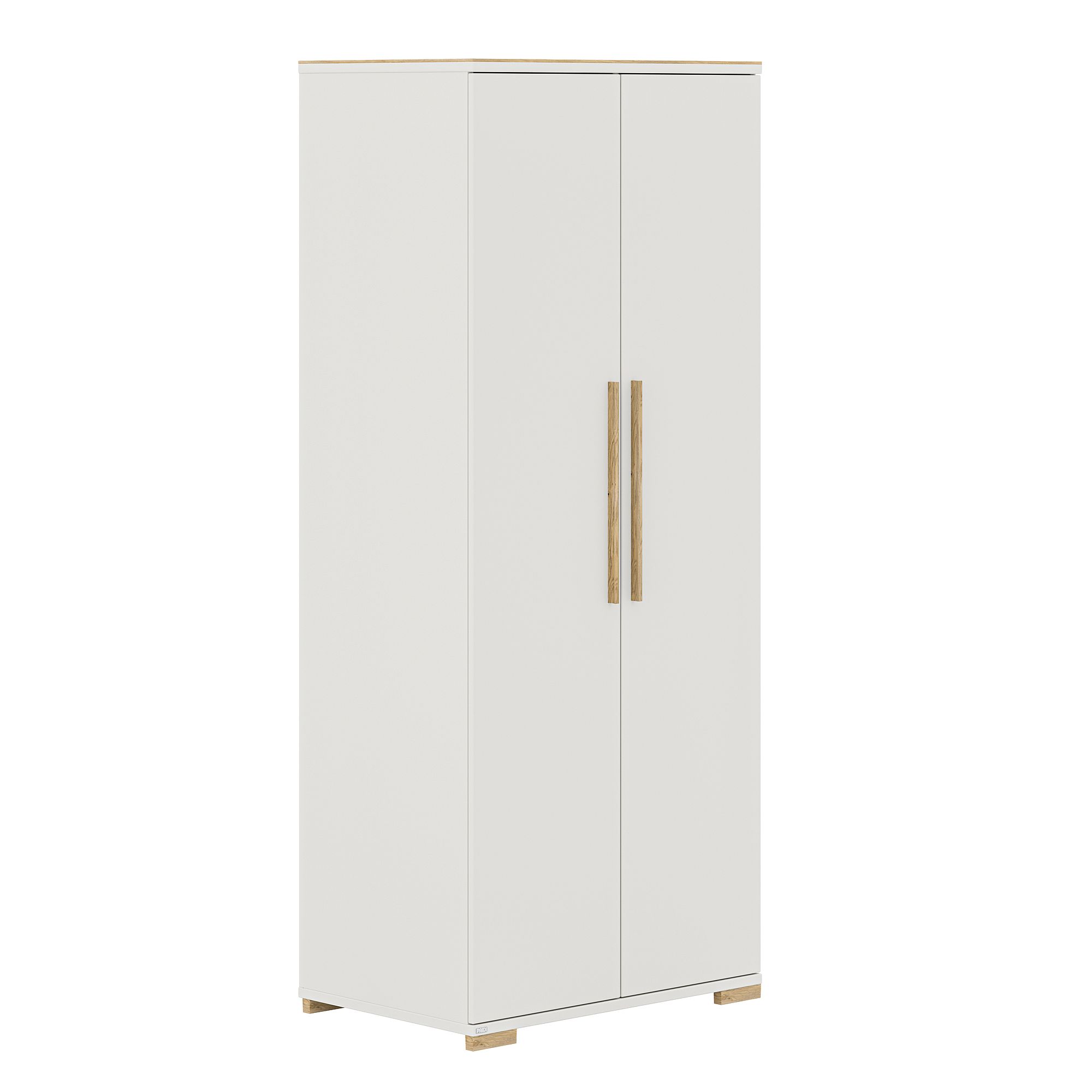 Weißer zweitüriger Kleiderschrank mit Holzgriffen und minimalistischem Design.