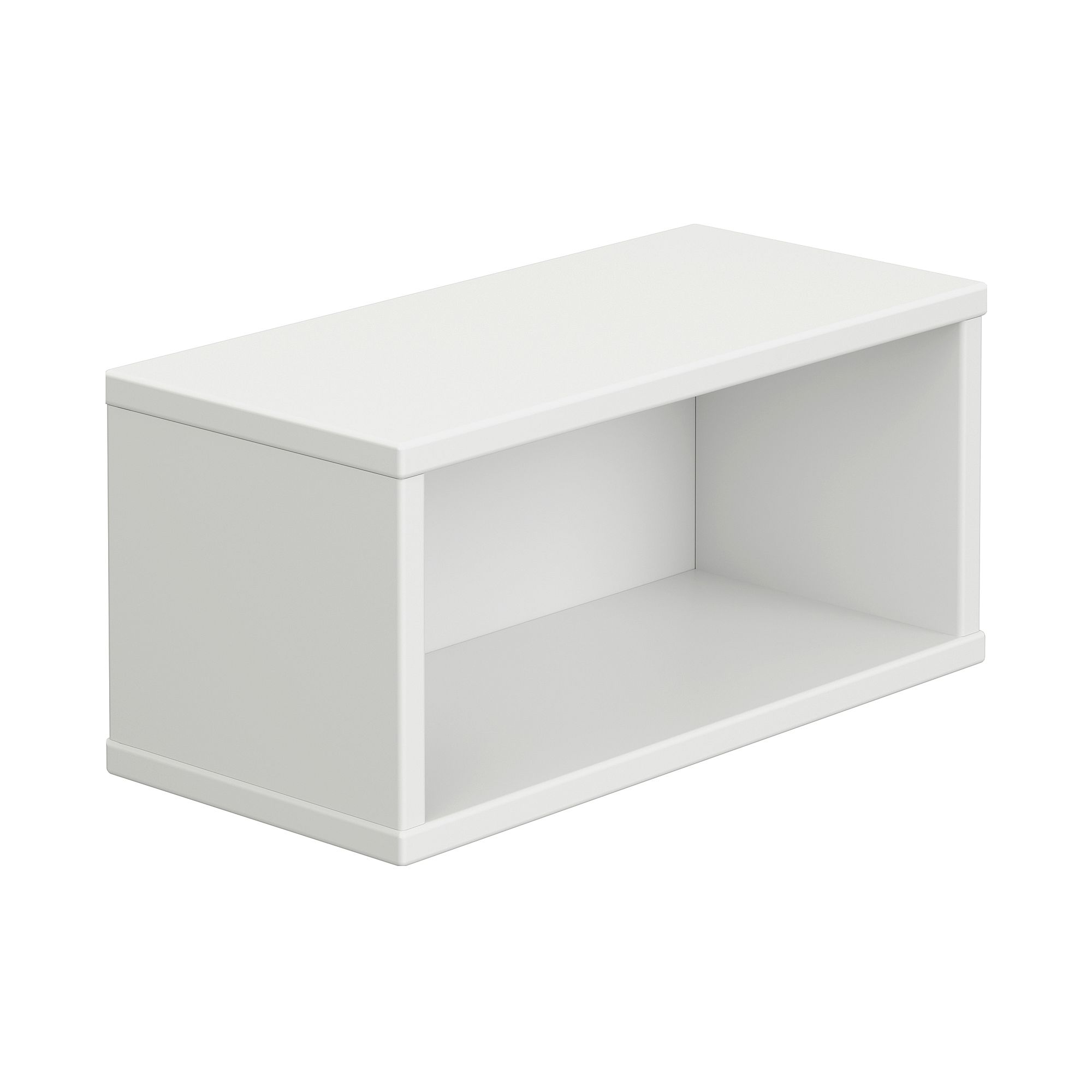 A white rectangular open storage shelf unit with no doors or drawers.