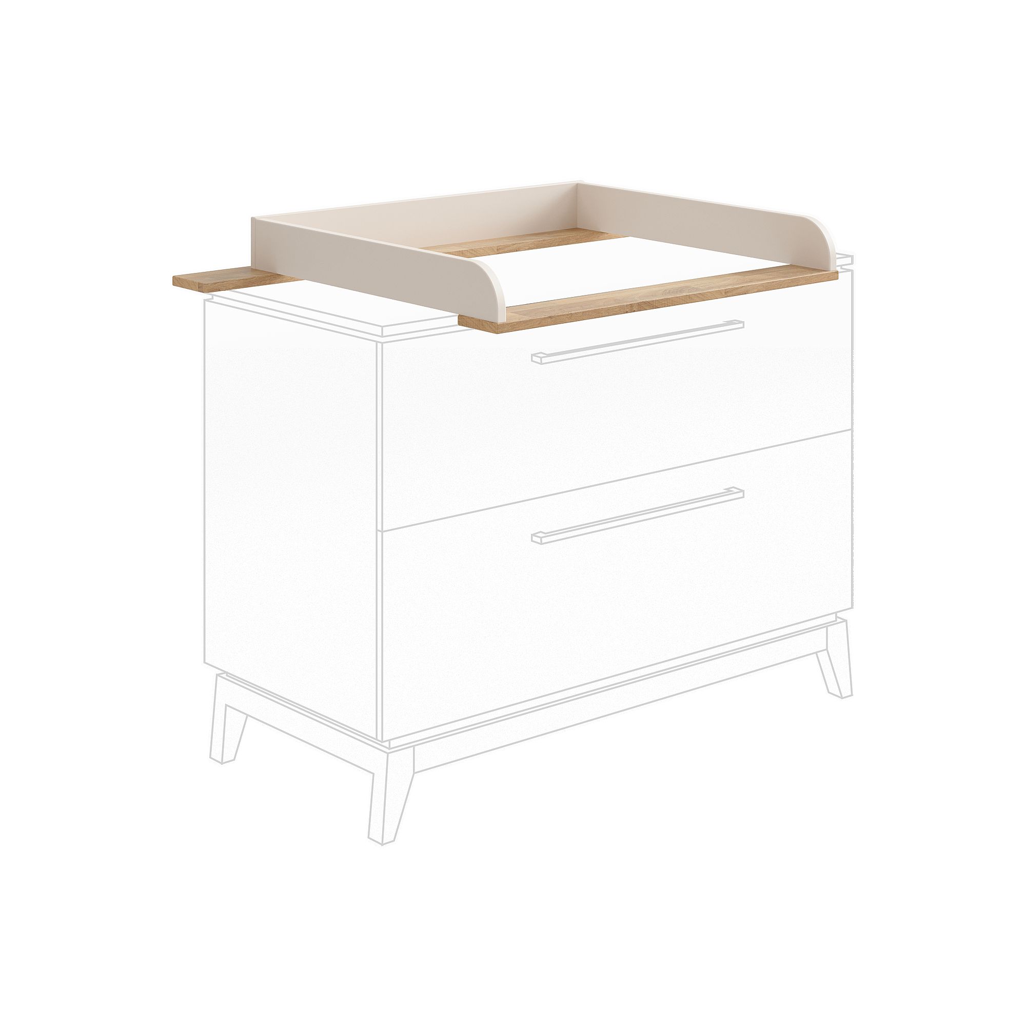 Wickelkommode aus Holz, dargestellt auf einer Strichzeichnung einer Kommode.