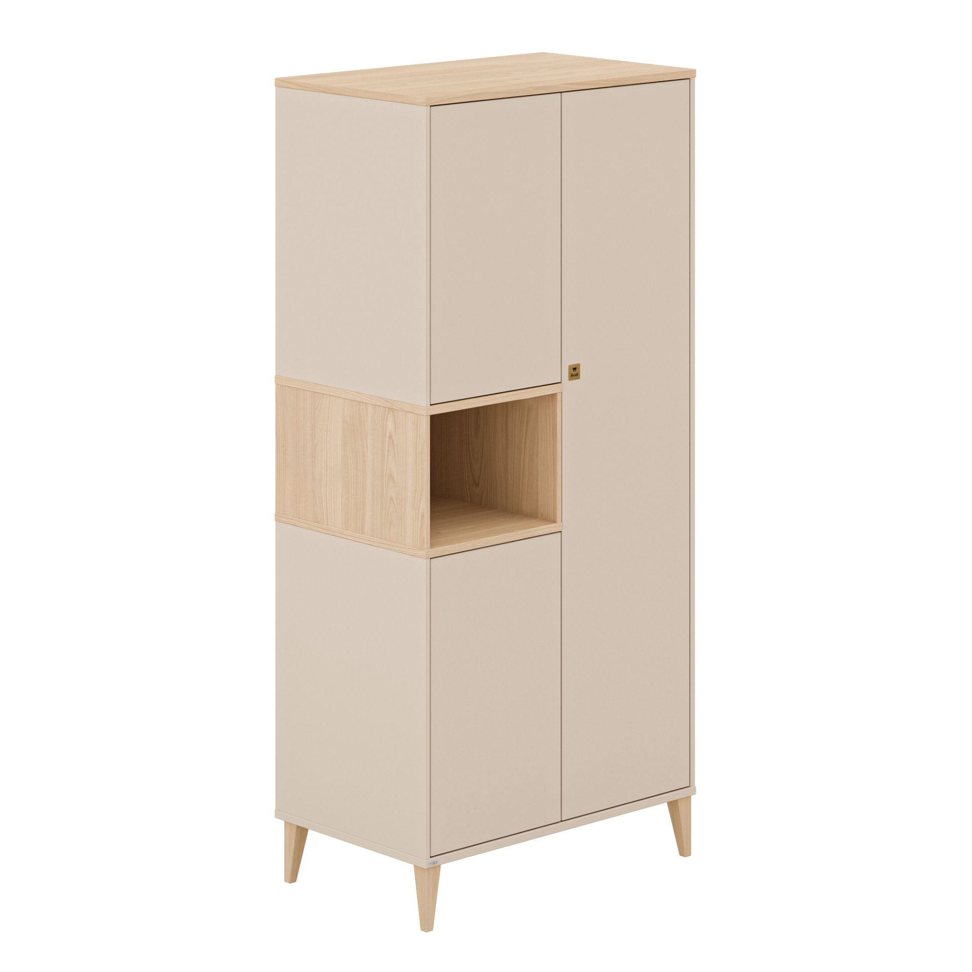 Moderner beiger Schrank mit Holzakzenten und einem offenen Mittelregal, auf vier Beinen.