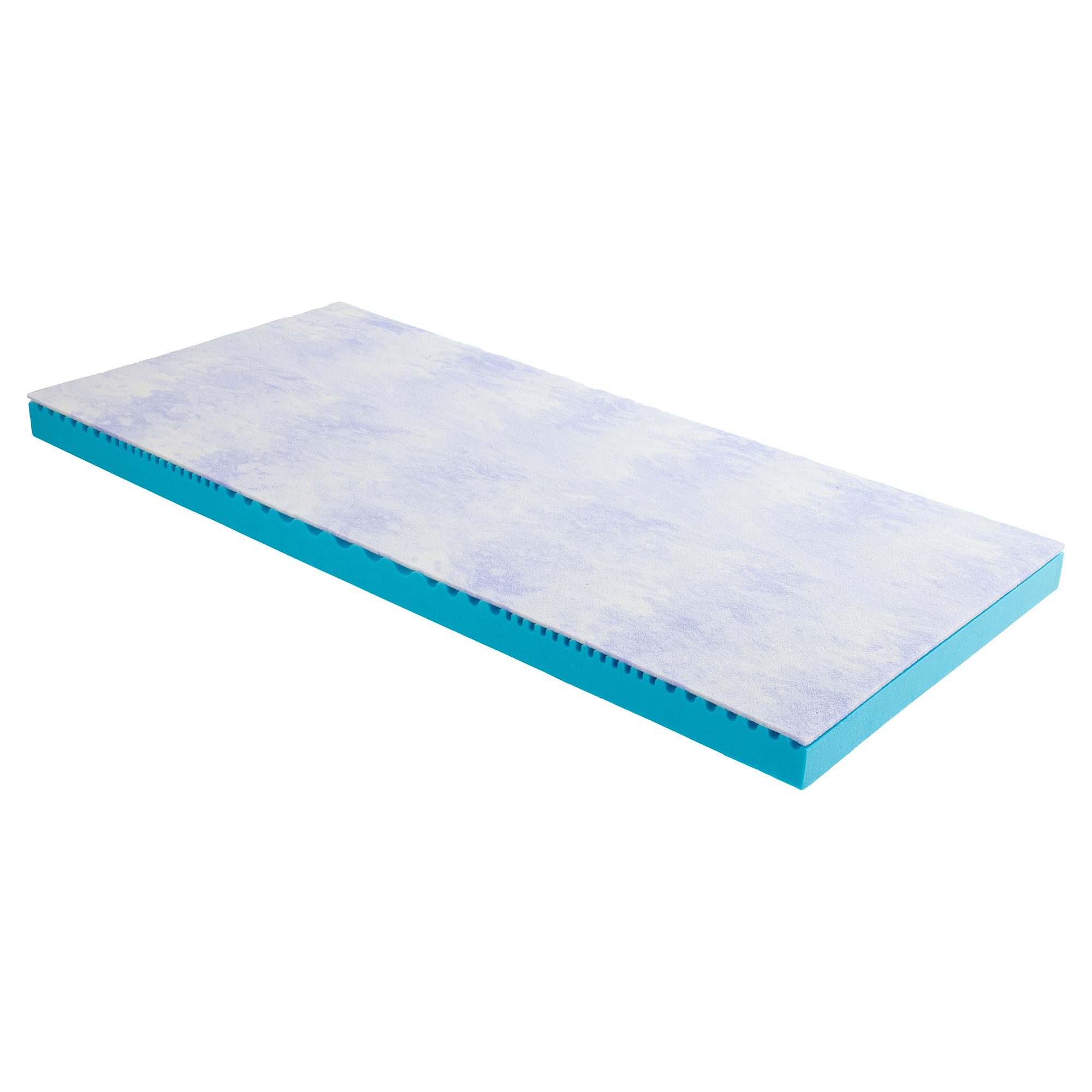 Eine rechteckige blaue und weiße Schaumstoffmatratzenauflage auf weißem Hintergrund.