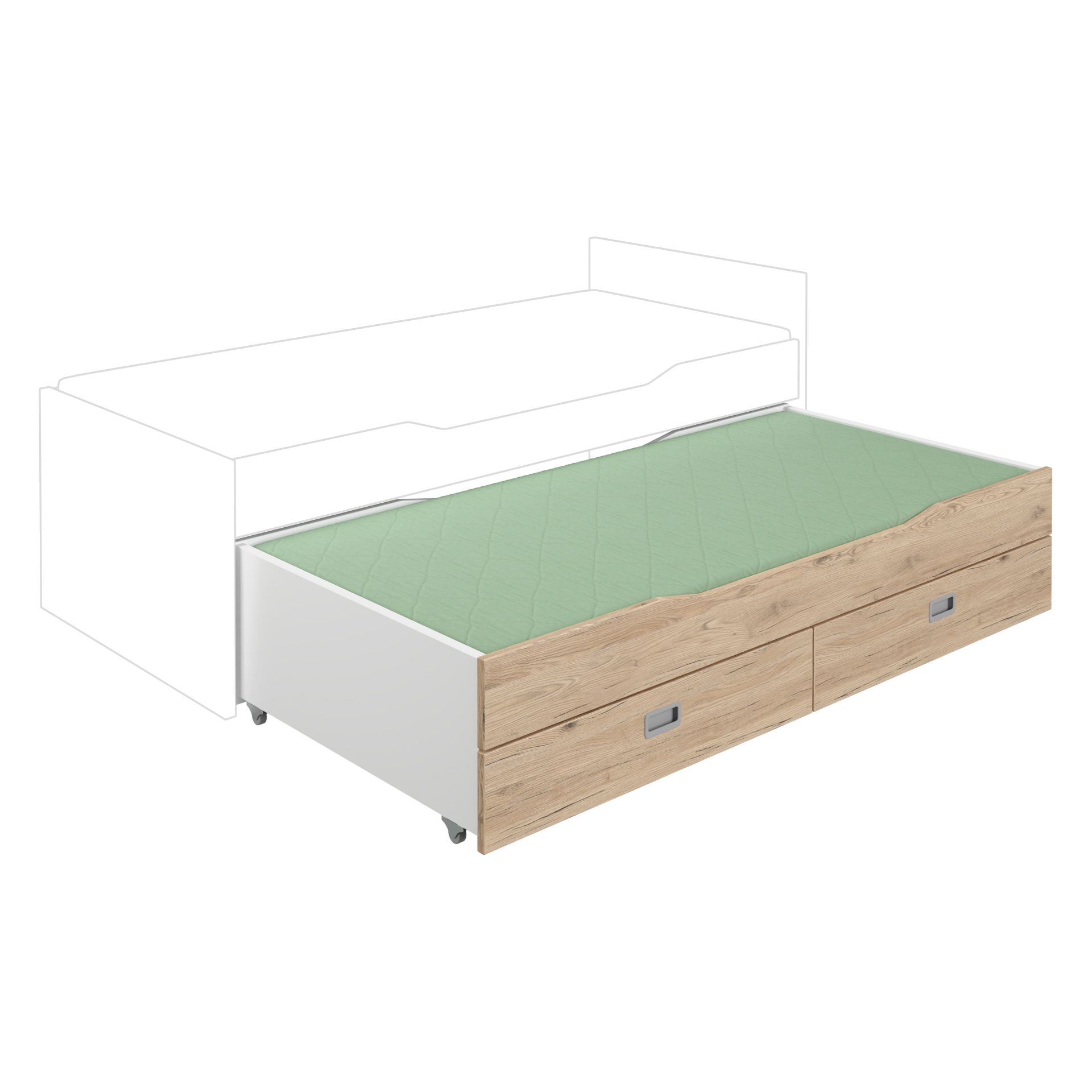 Ausziehbares Holz-Ausziehbett mit grüner Matratze und zwei Schubladen.