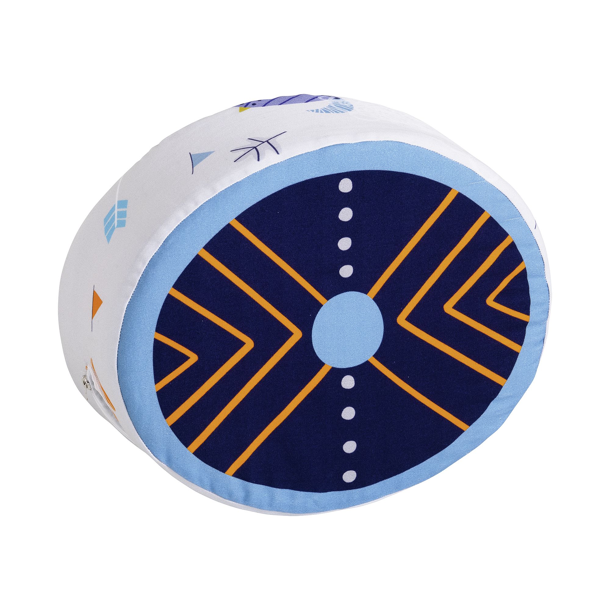 Steckkissen Baumwolle, Motiv "Wikinger", 35 x 28 x 12 cm, Wikinger-Mädchen Round cushion with blue, yellow, and white geometric patterns on a white background.