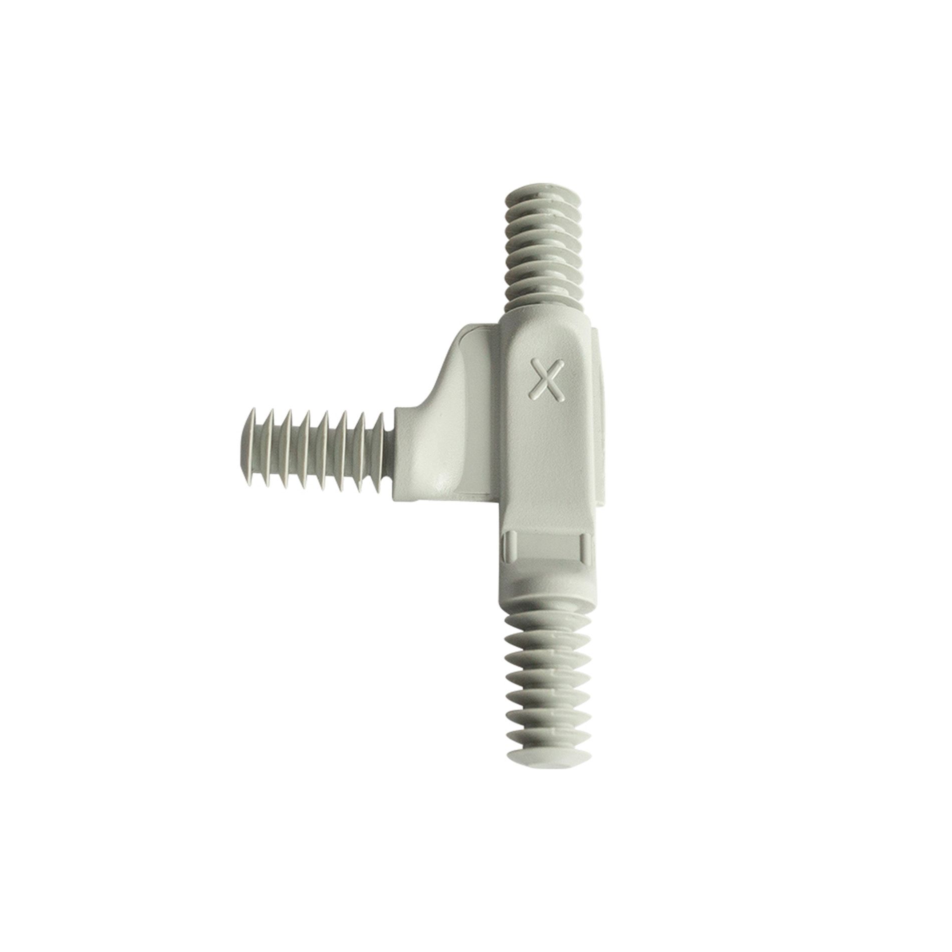 Weißer Kunststoffstecker mit drei Gewindeenden auf weißem Hintergrund.