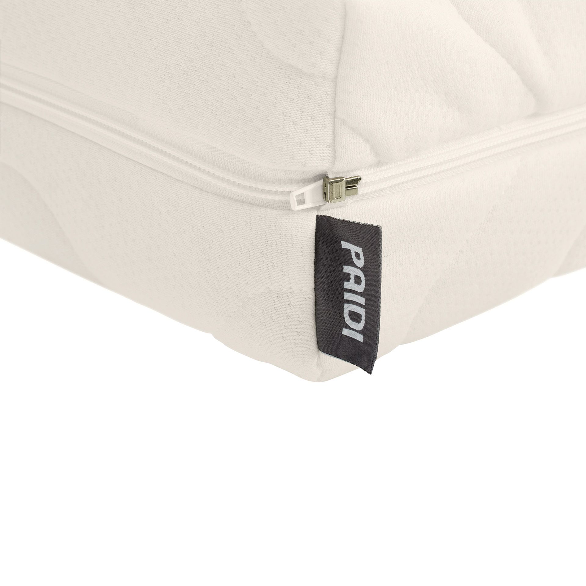 Matratze  Jugendmatratze Mehrzonen-Kaltschaum-Twin in 140 x 200 cm Nahaufnahme einer weißen Matratze mit einem Reißverschluss und einem schwarzen PAIDI-Stoffetikett.
