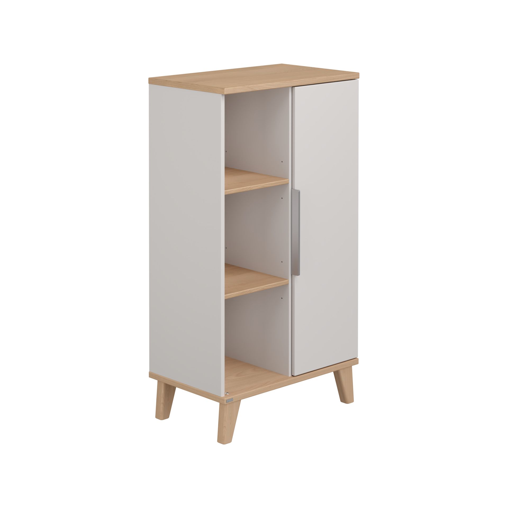 A small cabinet with a wood top, white sides, shelves, and angled legs.